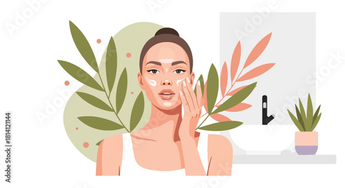 Modern vector woman applying moisturizer with soft botanical shapes. Ideal for skincare blogs, beauty tutorials, product ads, wellness apps, and self-care illustration sets