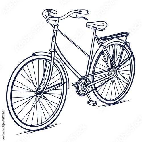 Outline drawing of a classic bicycle with a rear rack, isolated on