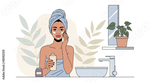 Modern vector woman applying moisturizer with soft botanical shapes. Ideal for skincare blogs, beauty tutorials, product ads, wellness apps, and self-care illustration sets