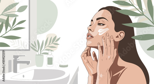Modern vector woman applying moisturizer with soft botanical shapes. Ideal for skincare blogs, beauty tutorials, product ads, wellness apps, and self-care illustration sets