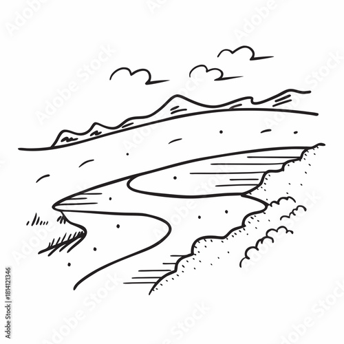 Simple black and white line drawing of a winding river landscape