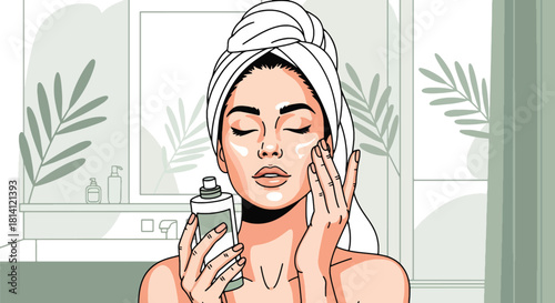 Modern vector woman applying moisturizer with soft botanical shapes. Ideal for skincare blogs, beauty tutorials, product ads, wellness apps, and self-care illustration sets