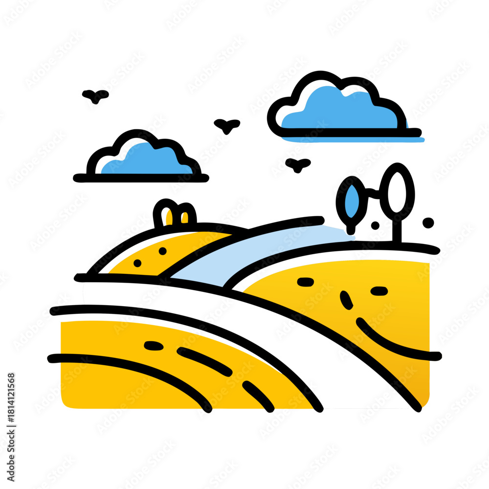 Fototapeta premium Stylized illustration of rolling yellow hills under blue clouds isolated on