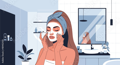 Vector woman applying facial mask with headband and bathroom elements. Ideal for spa ads, skincare posts, beauty infographics, wellness packaging, and routine visuals