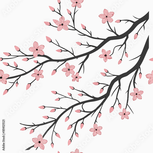 Stylized black branches with delicate pink cherry blossom flowers isolated on