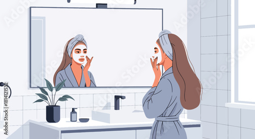 Vector woman applying facial mask with headband and bathroom elements. Ideal for spa ads, skincare posts, beauty infographics, wellness packaging, and routine visuals