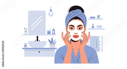 Vector woman applying facial mask with headband and bathroom elements. Ideal for spa ads, skincare posts, beauty infographics, wellness packaging, and routine visuals