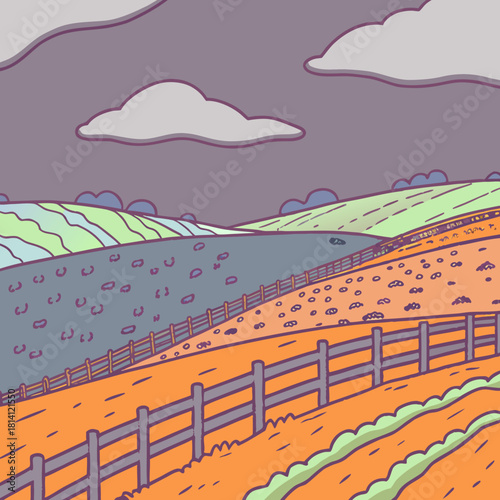 Stylized illustration of rolling farmland under a cloudy sky