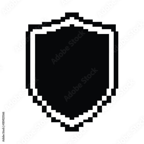 Pixelated Shield Vector Icon. Retro Black and White Digital Symbol Representing Protection and Cybersecurity. vector illustration