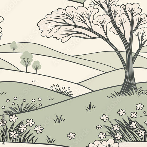 Stylized line art illustration of rolling green hills and a large tree