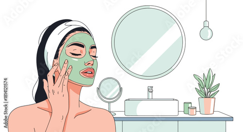 Vector woman applying facial mask with headband and bathroom elements. Ideal for spa ads, skincare posts, beauty infographics, wellness packaging, and routine visuals