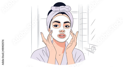 Vector woman applying facial mask with headband and bathroom elements. Ideal for spa ads, skincare posts, beauty infographics, wellness packaging, and routine visuals