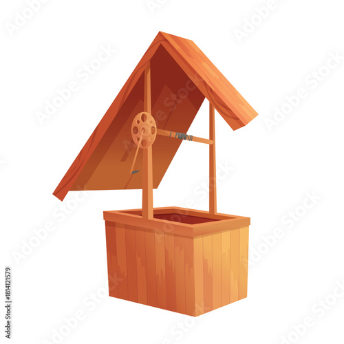 Old traditional wooden water well, structure with roof and bucket vector illustration