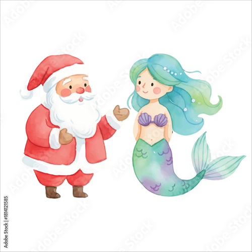 Santa Claus chatting with a mermaid in a charming Christmas fantasy, watercolor illustration isolated on white background
