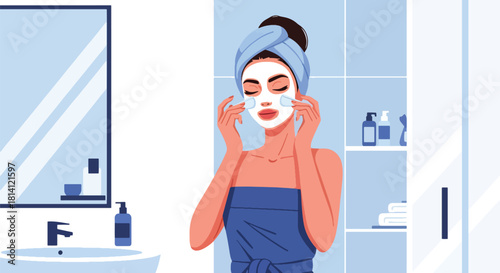 Vector woman applying facial mask with headband and bathroom elements. Ideal for spa ads, skincare posts, beauty infographics, wellness packaging, and routine visuals