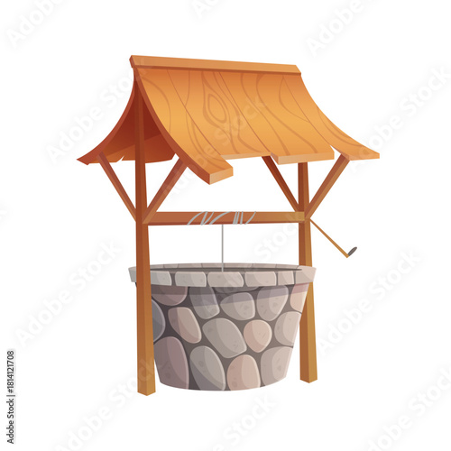 Old village water well with ring of stone bricks, roof and winch vector illustration