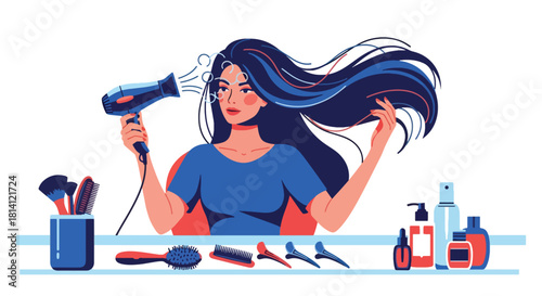 Vector woman brushing hair surrounded by dryer, comb, and serum icons. Ideal for haircare branding, salon graphics, product packaging, and beauty lifestyle visuals