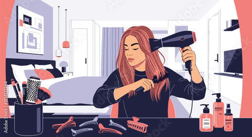Vector woman brushing hair surrounded by dryer, comb, and serum icons. Ideal for haircare branding, salon graphics, product packaging, and beauty lifestyle visuals