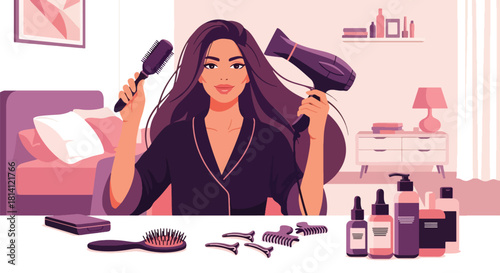 Vector woman brushing hair surrounded by dryer, comb, and serum icons. Ideal for haircare branding, salon graphics, product packaging, and beauty lifestyle visuals