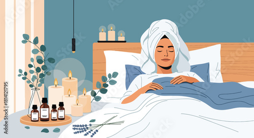 Vector woman relaxing with towel headwrap, candles, and essential oils. Ideal for spa promotions, wellness branding, aromatherapy visuals, and calm self-care designs