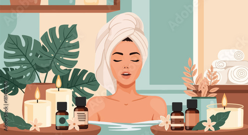 Vector woman relaxing with towel headwrap, candles, and essential oils. Ideal for spa promotions, wellness branding, aromatherapy visuals, and calm self-care designs