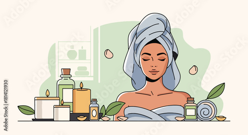 Vector woman relaxing with towel headwrap, candles, and essential oils. Ideal for spa promotions, wellness branding, aromatherapy visuals, and calm self-care designs