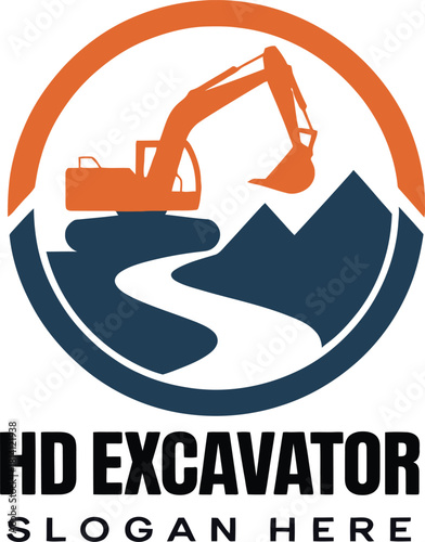 Heavy Excavator logo design with mountain river in circular frame