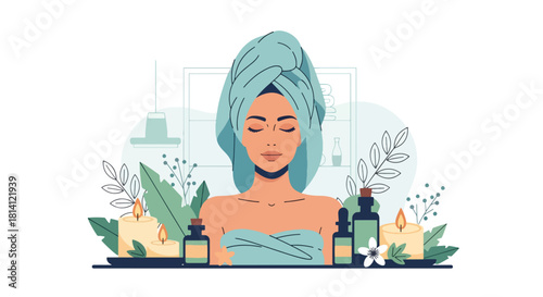 Vector woman relaxing with towel headwrap, candles, and essential oils. Ideal for spa promotions, wellness branding, aromatherapy visuals, and calm self-care designs