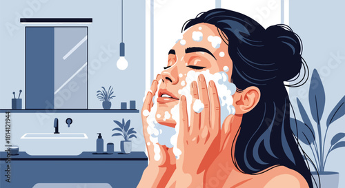 Vector woman washing face with bubbles and fresh blue bathroom shapes. Ideal for skincare tutorials, cleansing product ads, wellness apps, and hygiene visuals