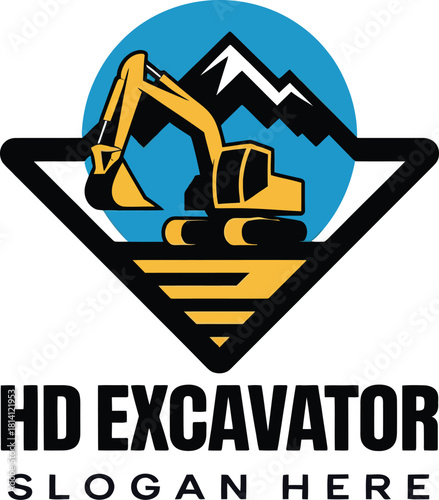 HD Excavator logo template with mountain and triangle background design
