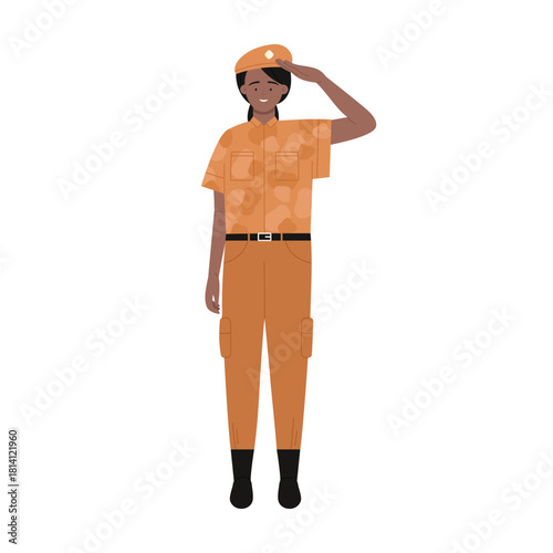 Woman in military uniform holding hand near cap while standing vector illustration