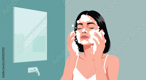 Vector woman washing face with bubbles and fresh blue bathroom shapes. Ideal for skincare tutorials, cleansing product ads, wellness apps, and hygiene visuals