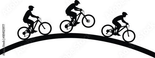 Cyclist silhouette vector showing uphill, wheelie, and downhill motion on curved hill path, ideal for biking, sports, and animation themes