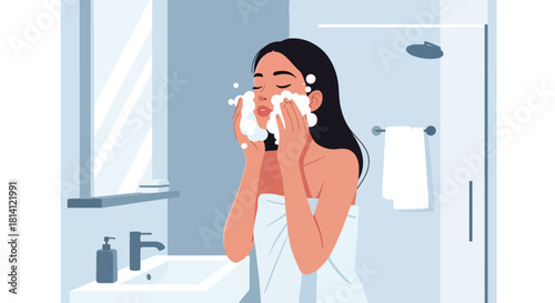 Vector woman washing face with bubbles and fresh blue bathroom shapes. Ideal for skincare tutorials, cleansing product ads, wellness apps, and hygiene visuals