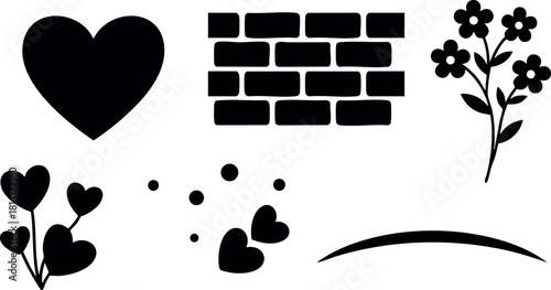 Heart brick wall flower silhouette vector illustration simple design black shapes