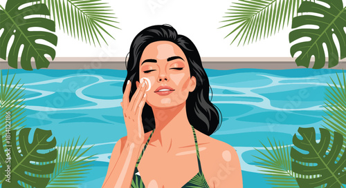 Vector woman applying sunscreen in tropical pool. Ideal for summer skincare campaigns, UV protection ads, cosmetic visuals, and wellness design