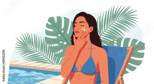 Vector woman applying sunscreen in tropical pool. Ideal for summer skincare campaigns, UV protection ads, cosmetic visuals, and wellness design