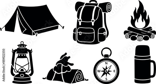 Camping gear black silhouette tent backpack campfire lantern rolled mat compass thermos vector illustration