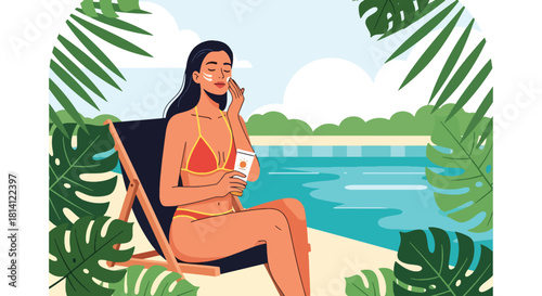 Vector woman applying sunscreen in tropical pool. Ideal for summer skincare campaigns, UV protection ads, cosmetic visuals, and wellness design