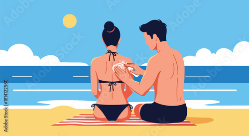 Couple applying sunscreen on the beach during summer vacation. Man rubs lotion on woman's back to ensure sun protection. Represents skincare, travel, romance, and holiday relaxation
