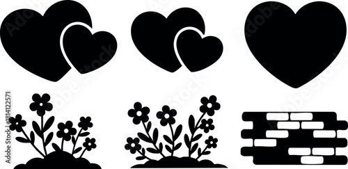 Black heart love flowers garden brick wall vector icons set isolated on white background simple design