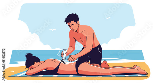 Couple applying sunscreen on the beach during summer vacation. Man rubs lotion on woman's back to ensure sun protection. Represents skincare, travel, romance, and holiday relaxation