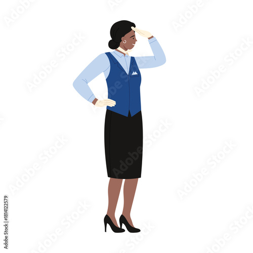 Woman in blue flight attendant uniform and gloves standing with smile vector illustration