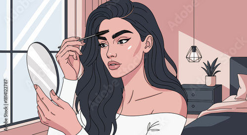 Vector woman brushing eyebrows with spoolie brush and minimal décor. Ideal for beauty tutorials, brow product ads, cosmetic branding, and grooming visuals