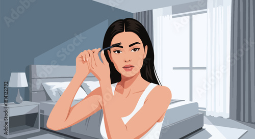 Vector woman brushing eyebrows with spoolie brush and minimal décor. Ideal for beauty tutorials, brow product ads, cosmetic branding, and grooming visuals