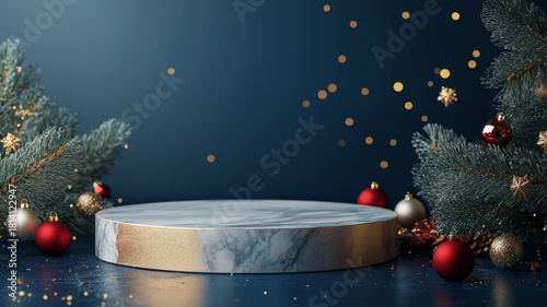 Luxurious Christmas product display: marble and gold podium framed by pine branches, red ornaments, and golden bokeh on dark blue.