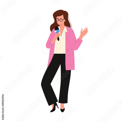 Woman with glasses holding microphone for TV news report, female journalist vector illustration