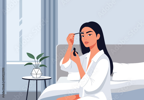 Vector woman brushing eyebrows with spoolie brush and minimal décor. Ideal for beauty tutorials, brow product ads, cosmetic branding, and grooming visuals