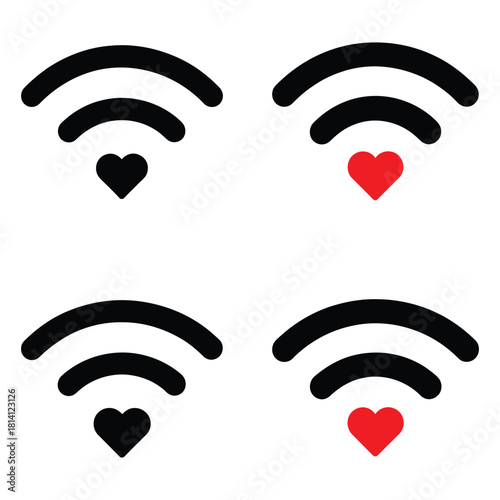 Four wi fi icons with hearts symbolizing love and connection