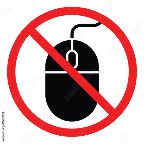 No computer mouse allowed sign. Vector Icon of Computer Mouse with Red Prohibition Symbol. No Mouse Usage Sign for Digital Restrictions. vector illustration